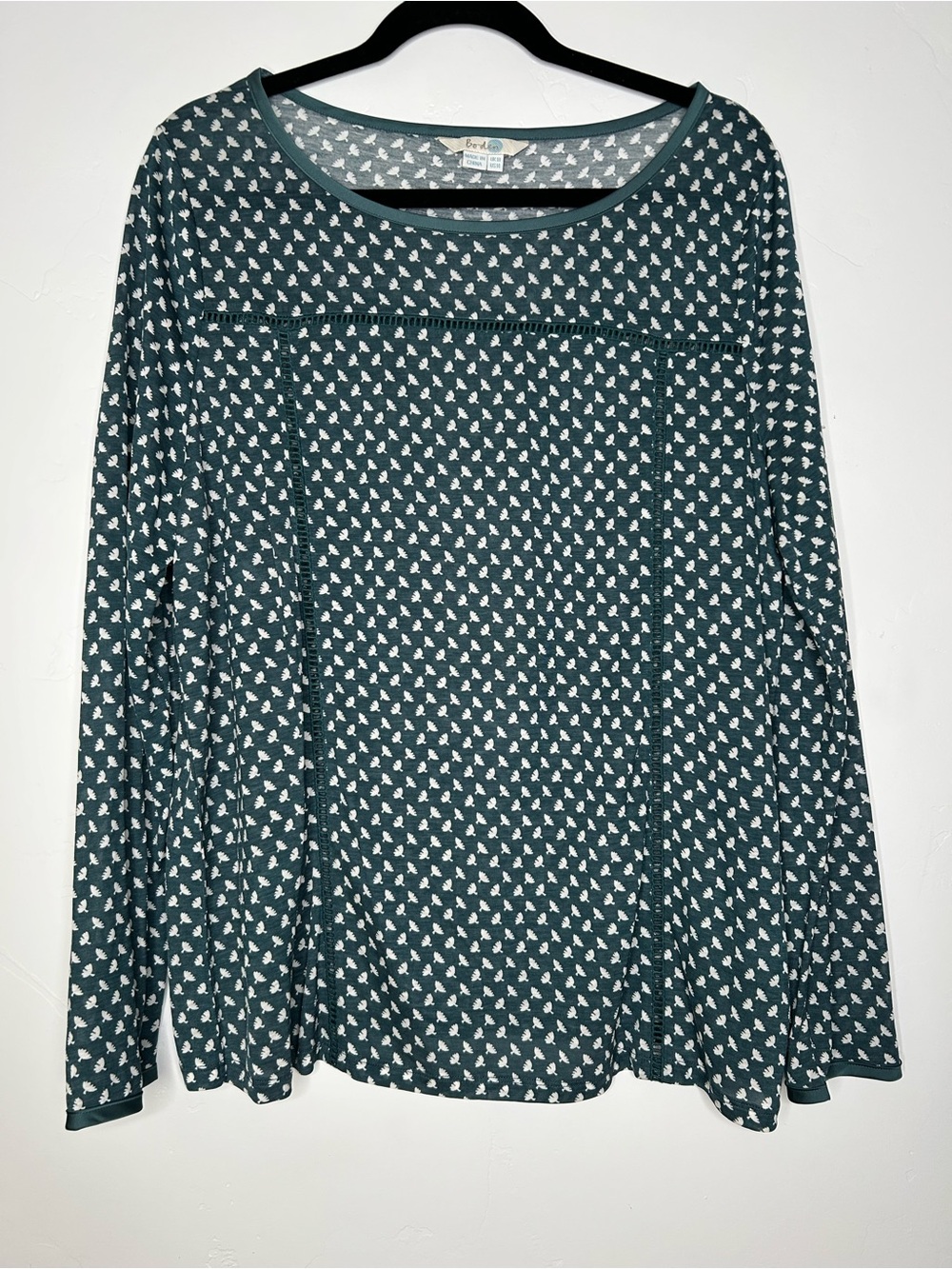 Boden Teal Green Long Sleeve Printed Scoop Neck Top Size 14 Office Semi Sheer